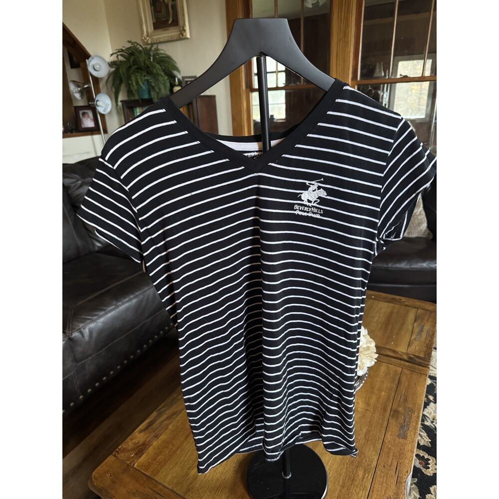 Beverly Hills Polo Club Black & White Striped V-Neck T-Shirt Women’s XL
